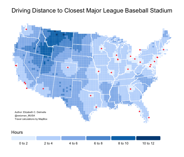 MLB Stadium Drivetimes by Elizabeth Delmelle