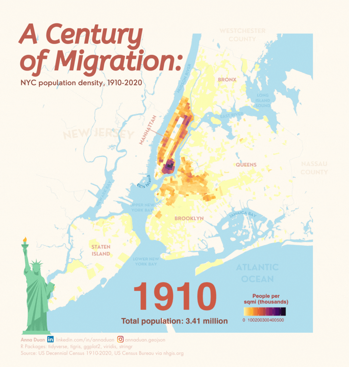 A century of migration: NYC population density 1910-2020 by Anna Duan